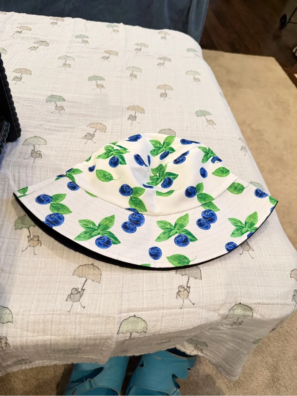 2  hats: Kids Blueberry Print Bucket Hat -White & Blue, strawberry hat